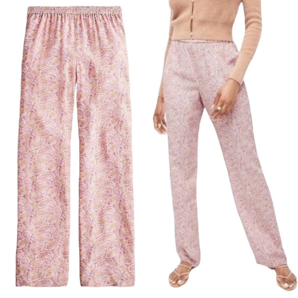 J. Crew 100% Silk Pull-on Pant in Beach Paisley Pink Yellow Blush White Sz 14